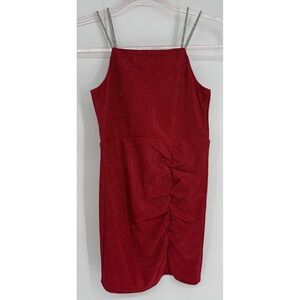 Poppies and Roses Girls Red Shimmer Dress Rhinestone Straps Ruched Sz 10‎